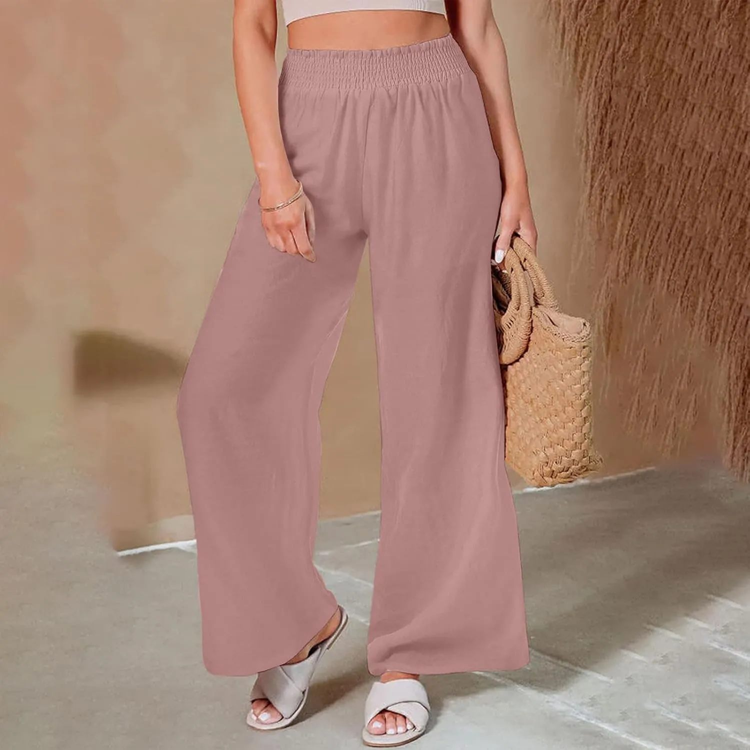 Wide Leg Pants for Women Lightweight Breathable Cotton Linen Pant Trendy Stretch Waist Solid Loose Lounge Pants