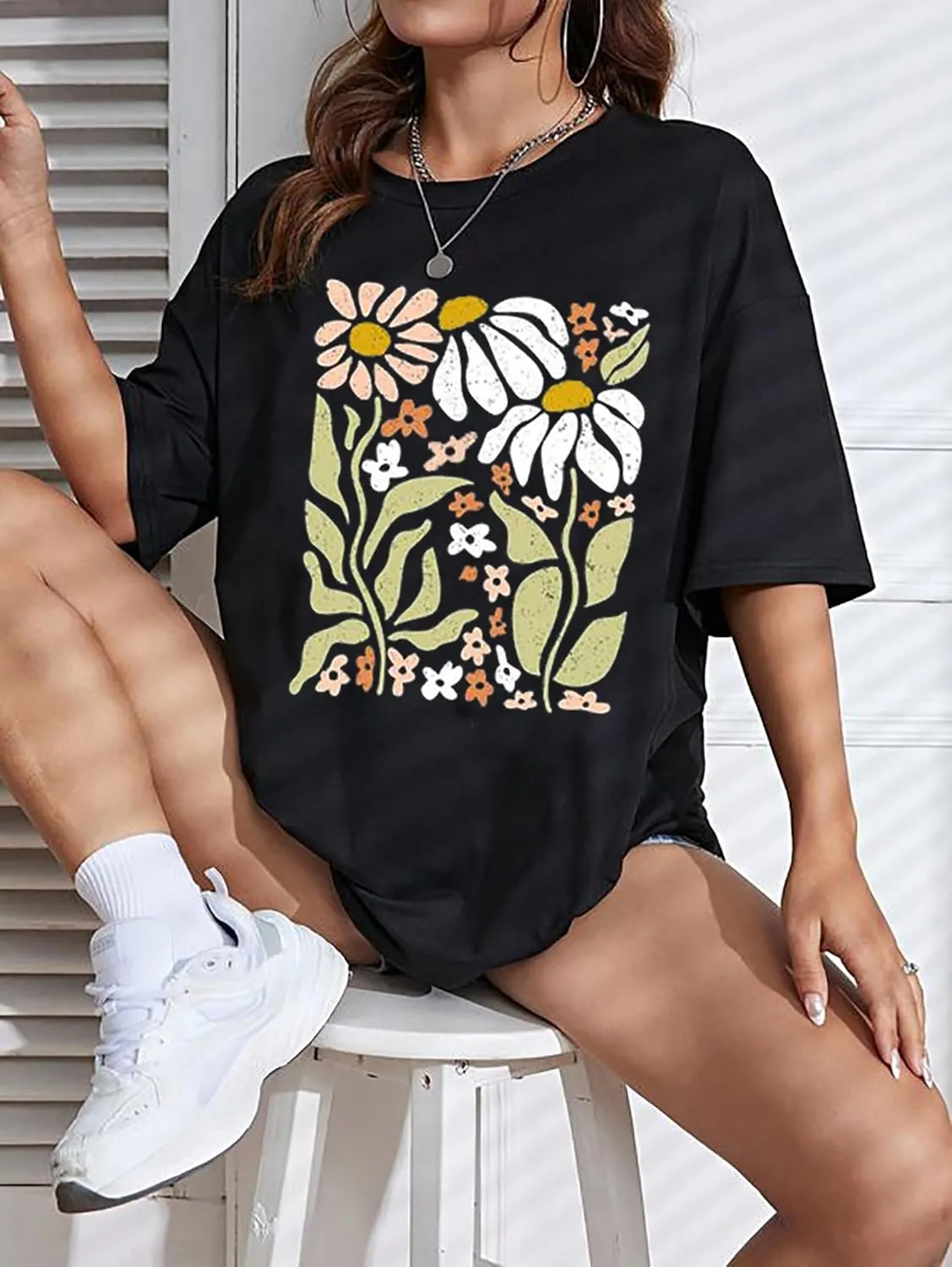 Wildflowers Shirt for Women Oversized Floral T Shirts Inspirational Graphic Tees Flower Plant Shirts Tops