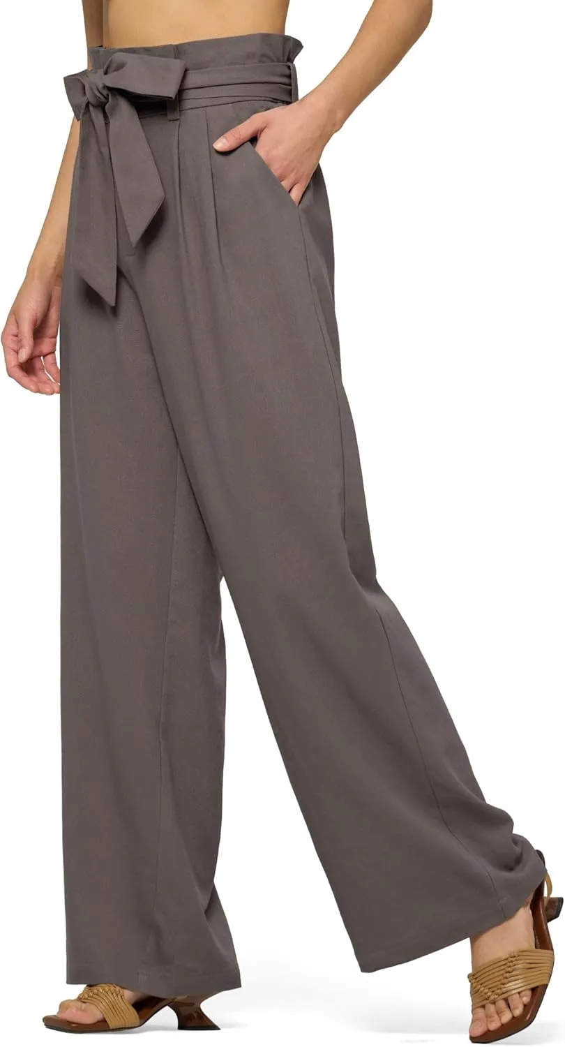 Willit Women Linen Pants Casual Wide Leg Dress Pants High Waisted Paperbag Work Trousers Summer Tie Knot Pockets 28"/30"/32''