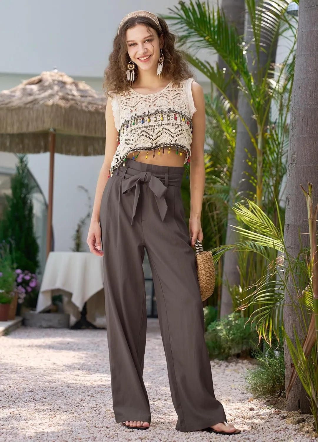 Willit Women Linen Pants Casual Wide Leg Dress Pants High Waisted Paperbag Work Trousers Summer Tie Knot Pockets 28"/30"/32''