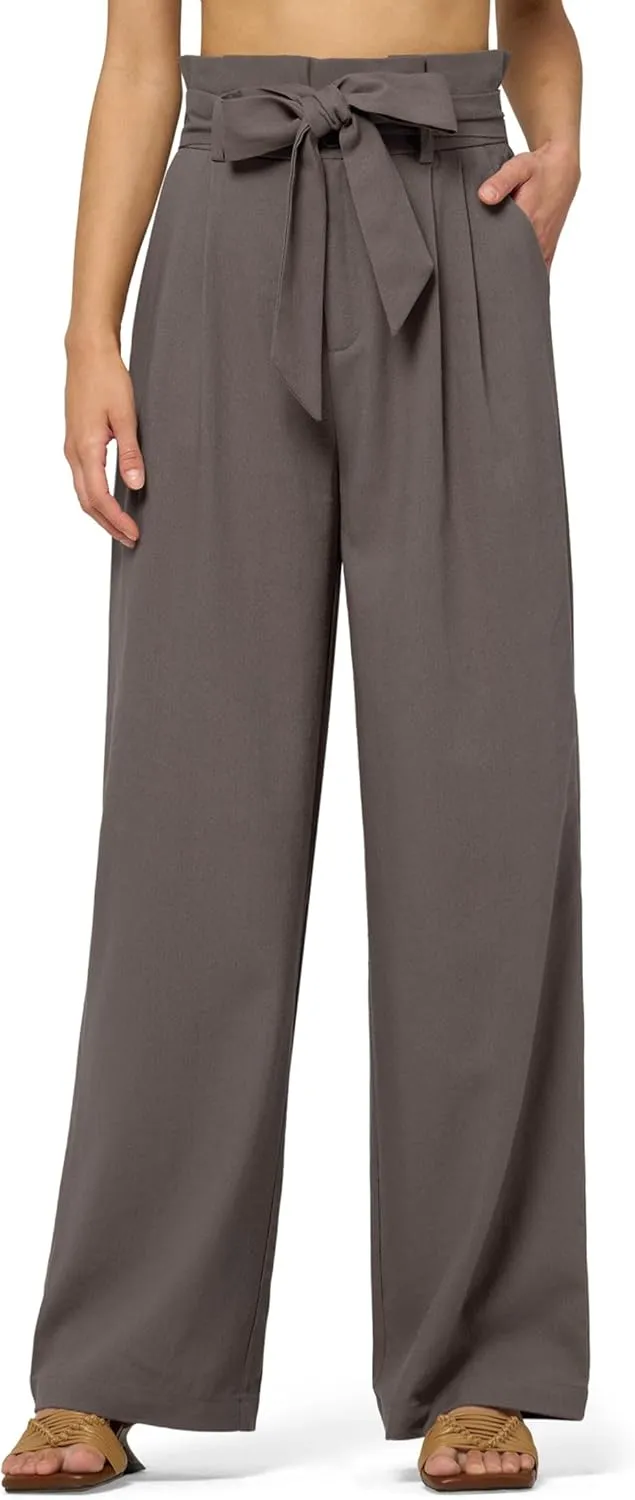 Willit Women Linen Pants Casual Wide Leg Dress Pants High Waisted Paperbag Work Trousers Summer Tie Knot Pockets 28"/30"/32''