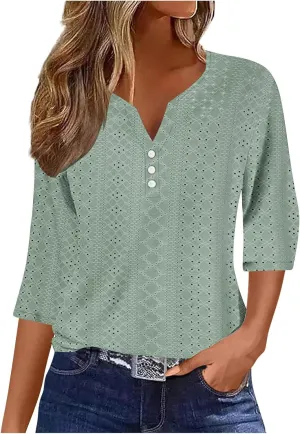 Women' 3/4 Sleeve Tops Notch V Neck Casual Shirts Lightweight Breathable Trendy Summer Beach Tunic Shirt Travel Tees