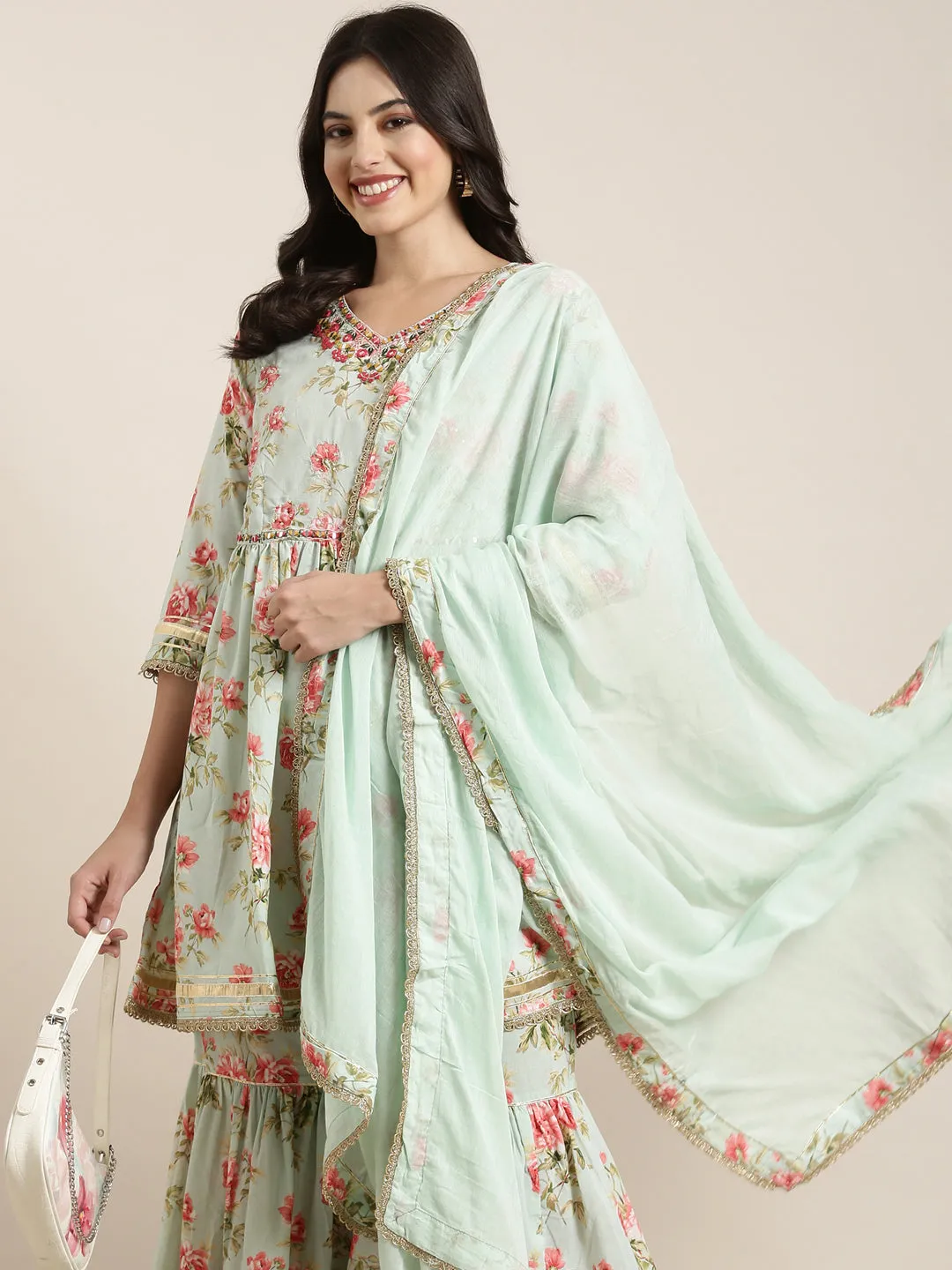 Women Anarkali Sea Green Kurta Sets with Sharara & Dupatta