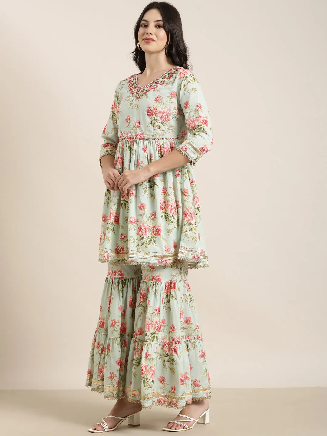 Women Anarkali Sea Green Kurta Sets with Sharara & Dupatta