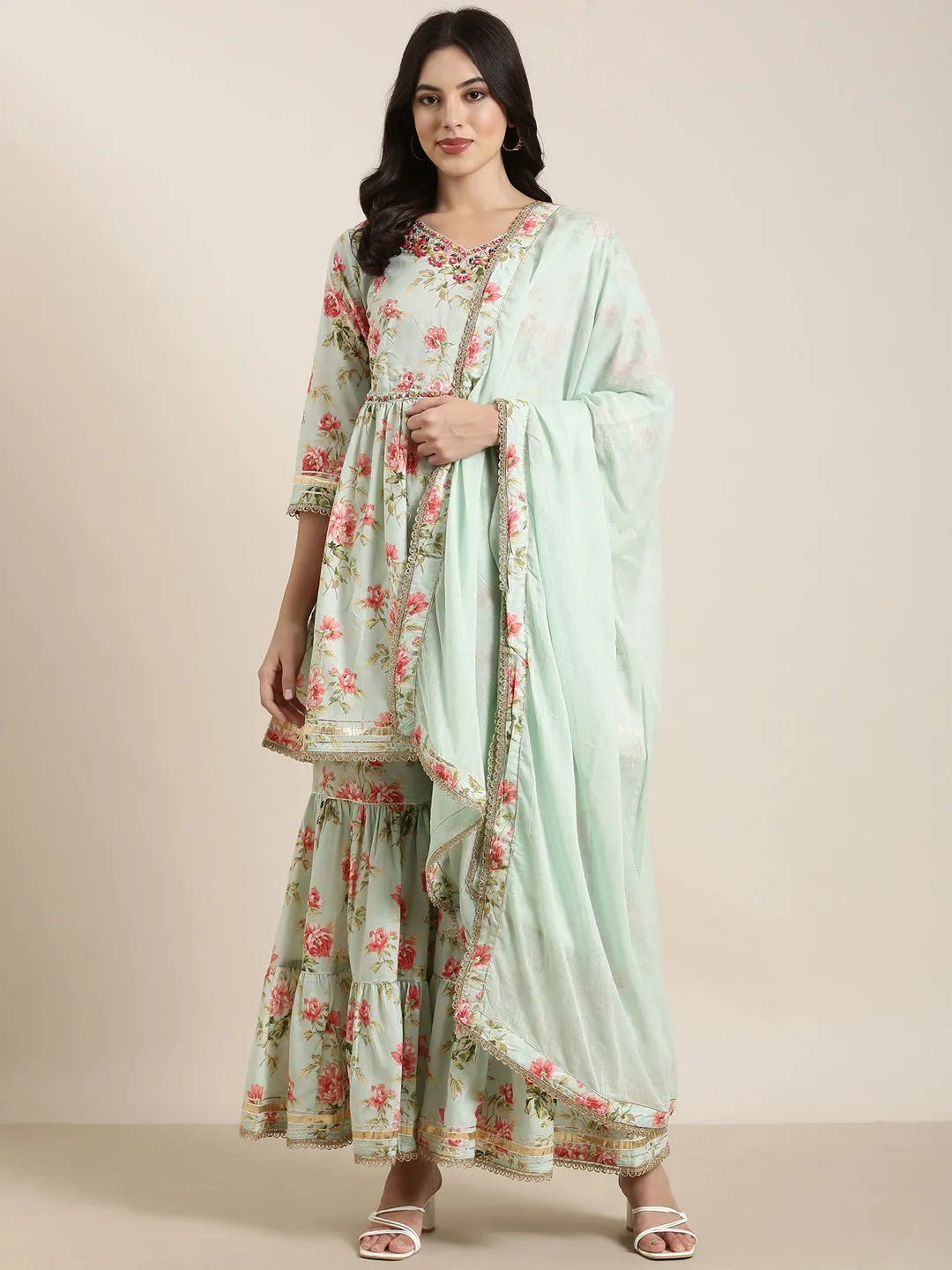 Women Anarkali Sea Green Kurta Sets with Sharara & Dupatta