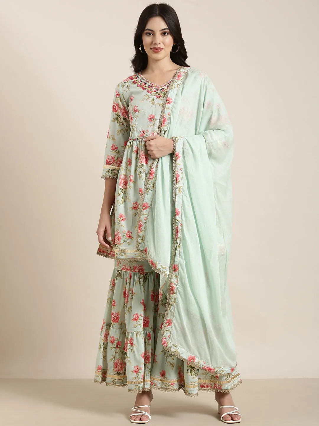 Women Anarkali Sea Green Kurta Sets with Sharara & Dupatta