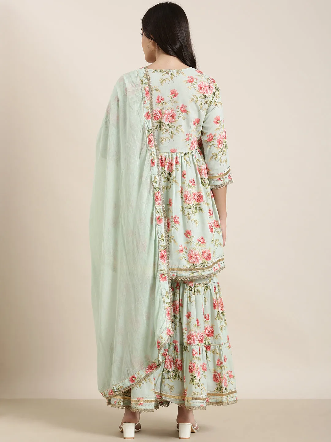 Women Anarkali Sea Green Kurta Sets with Sharara & Dupatta