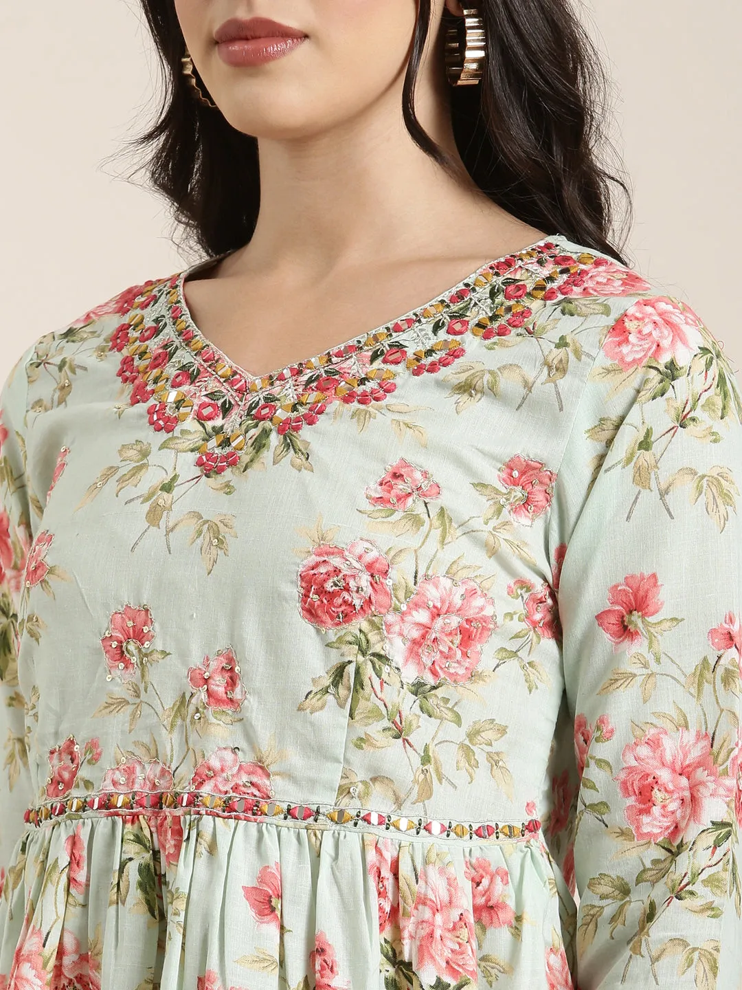 Women Anarkali Sea Green Kurta Sets with Sharara & Dupatta