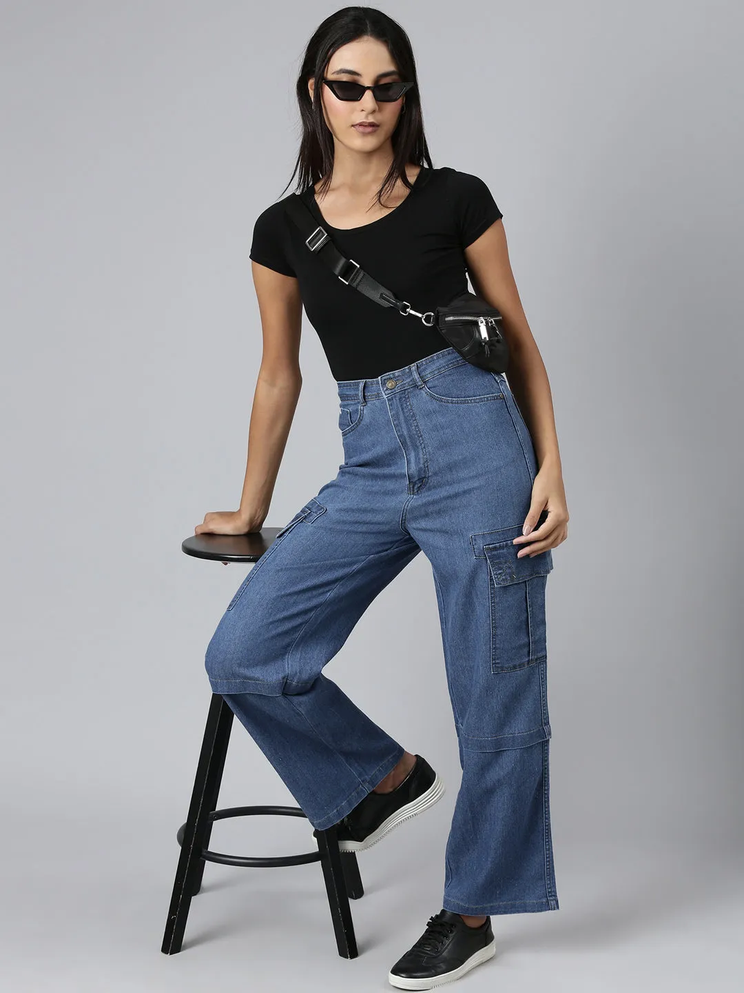 Women Blue Wide Leg Acid Wash Denim Stretchable Jeans