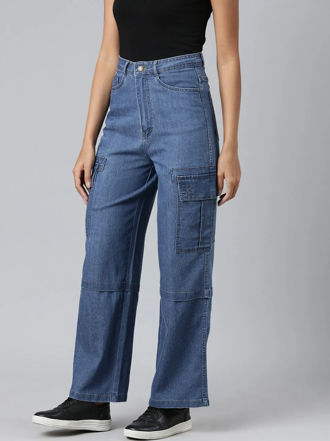 Women Blue Wide Leg Acid Wash Denim Stretchable Jeans