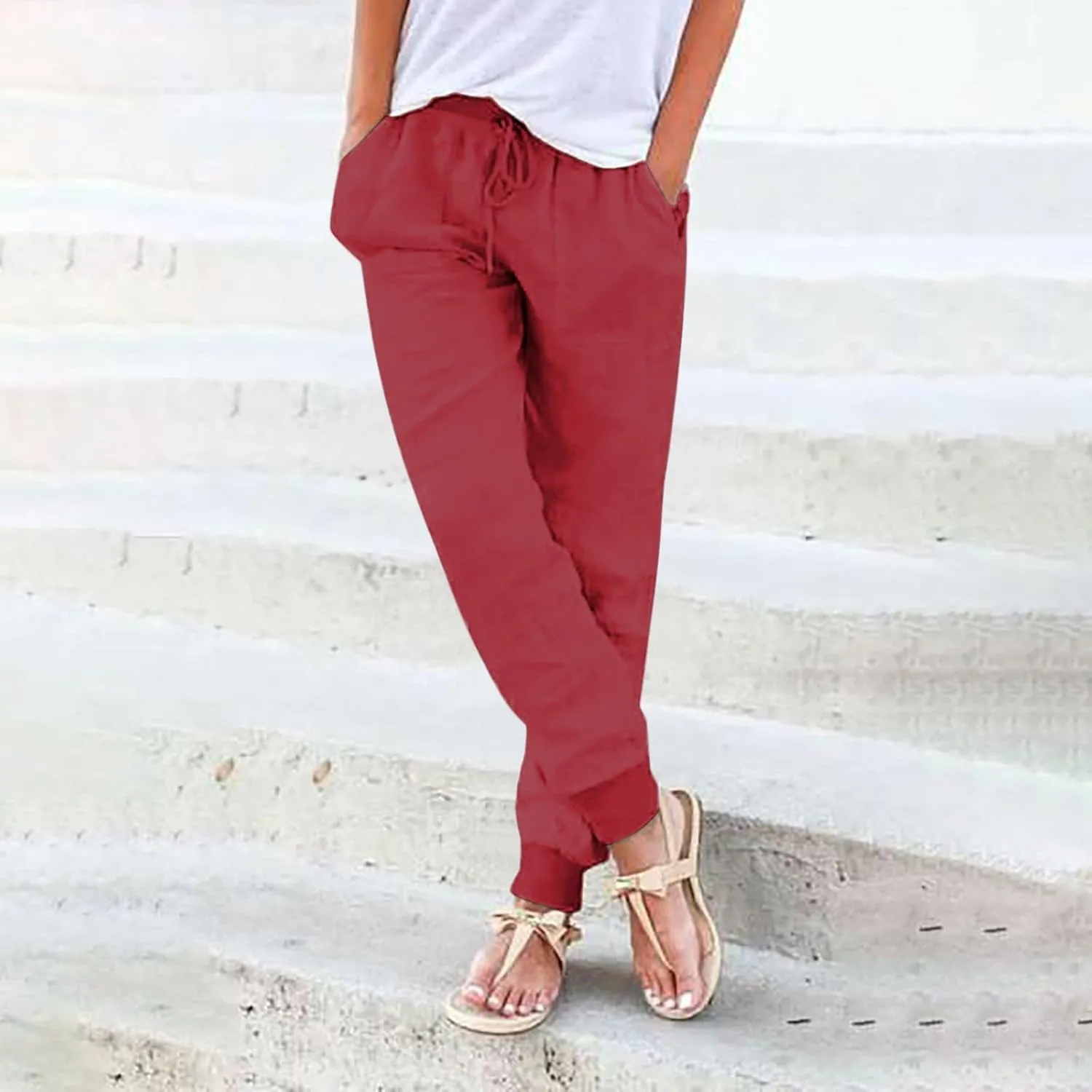 Women Casual Linen Pants High Waist Drawstring Elastic Waist Loose Fit Summer Pants Straight Leg Trousers with Pockets