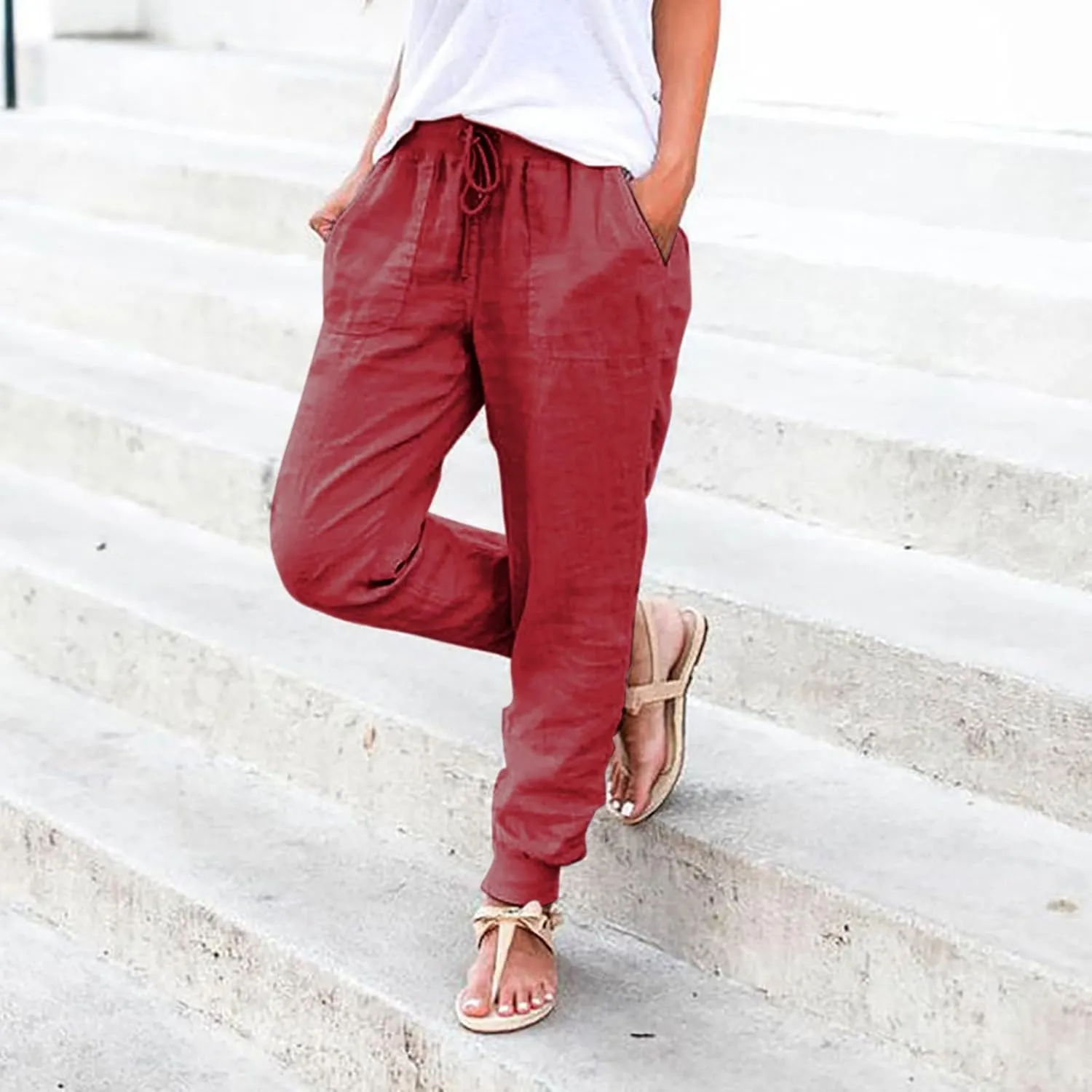 Women Casual Linen Pants High Waist Drawstring Elastic Waist Loose Fit Summer Pants Straight Leg Trousers with Pockets
