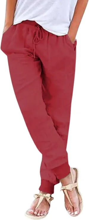 Women Casual Linen Pants High Waist Drawstring Elastic Waist Loose Fit Summer Pants Straight Leg Trousers with Pockets