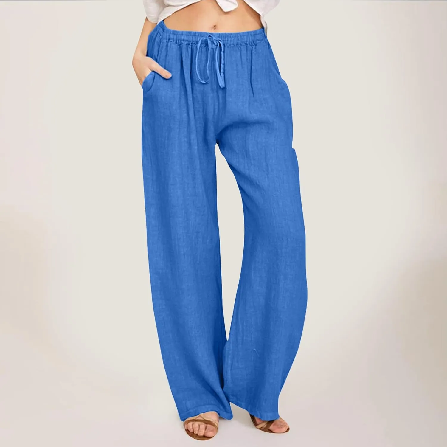 Women Cotton Linen Summer Palazzo Pant Trousers High Waist Straight Loose Fit Palazzo Pants Beach