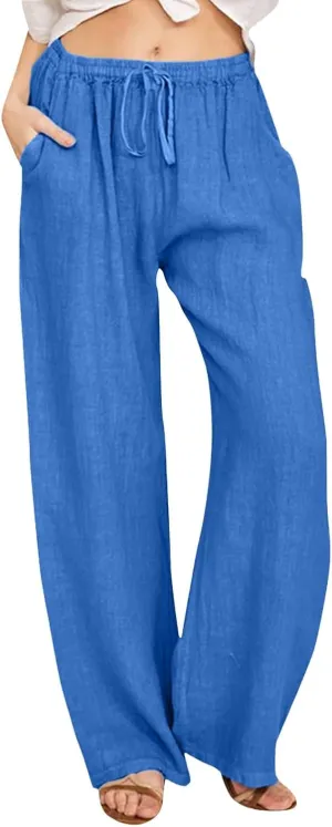Women Cotton Linen Summer Palazzo Pant Trousers High Waist Straight Loose Fit Palazzo Pants Beach