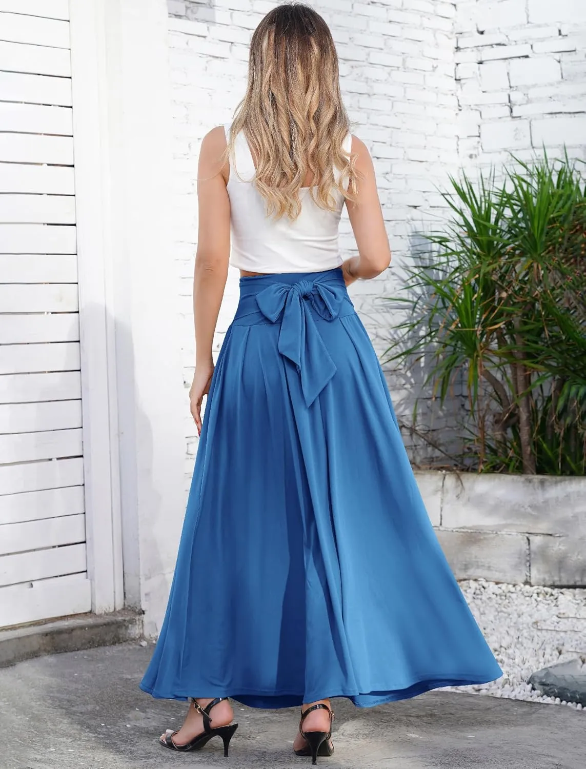 Women Elegant Elastic High Waist Tie Front Pleated Maxi Skirts Vintage Flowy Boho Maxi Skirt Summer Casual Beach Long Skirts