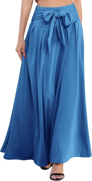 Women Elegant Elastic High Waist Tie Front Pleated Maxi Skirts Vintage Flowy Boho Maxi Skirt Summer Casual Beach Long Skirts