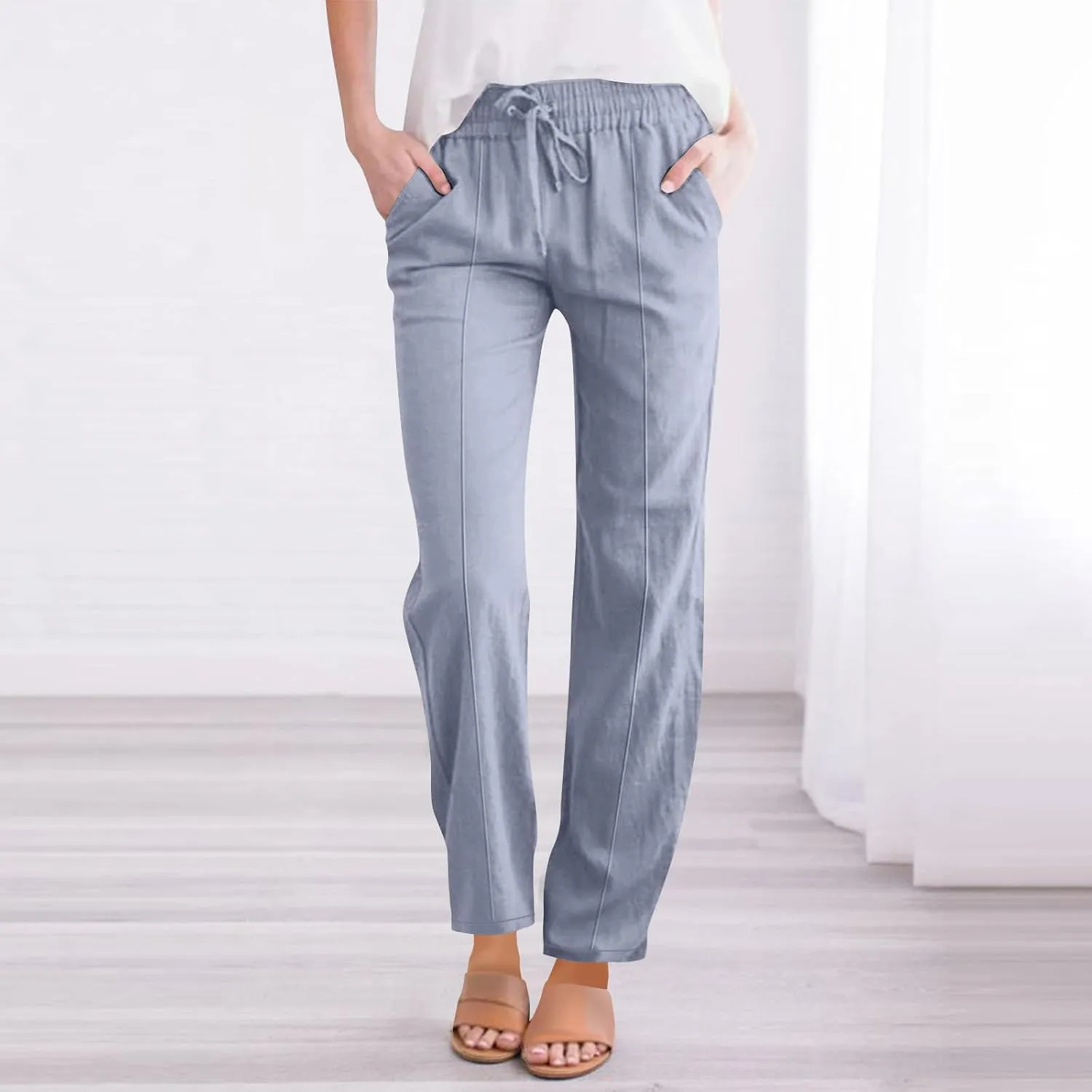 Women Linen Cotton Casual Pants Palazzo Drawstring Pockets Elastic Waist Wide Straight Leg Loose Long Slacks Trousers