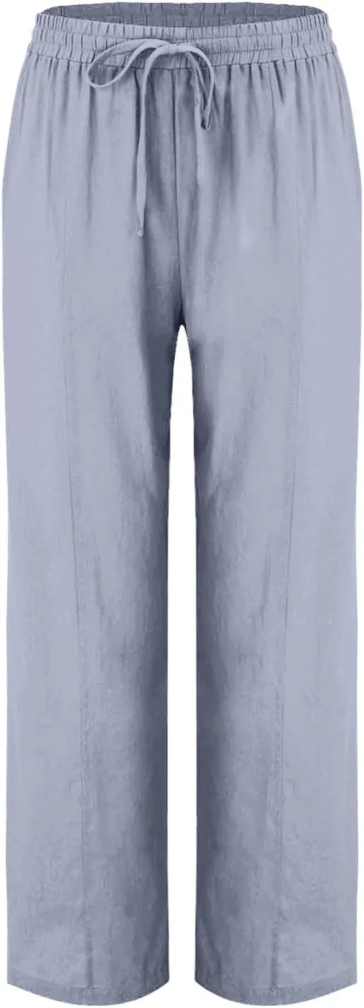 Women Linen Cotton Casual Pants Palazzo Drawstring Pockets Elastic Waist Wide Straight Leg Loose Long Slacks Trousers