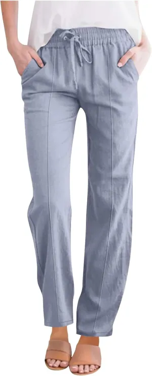 Women Linen Cotton Casual Pants Palazzo Drawstring Pockets Elastic Waist Wide Straight Leg Loose Long Slacks Trousers