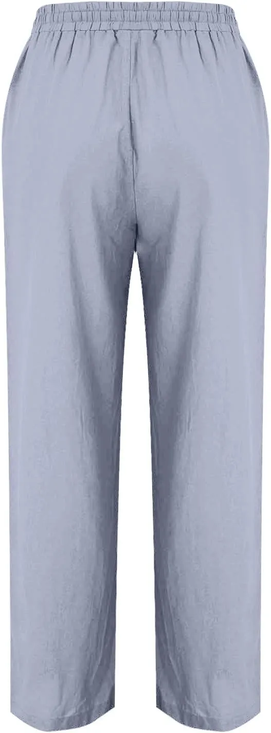 Women Linen Cotton Casual Pants Palazzo Drawstring Pockets Elastic Waist Wide Straight Leg Loose Long Slacks Trousers