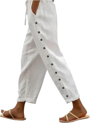 Women Linen Pants Summer High Waist Elastic Straight Leg Lounge Pant Casual Loose Lightweight Beach Cropped Trousers