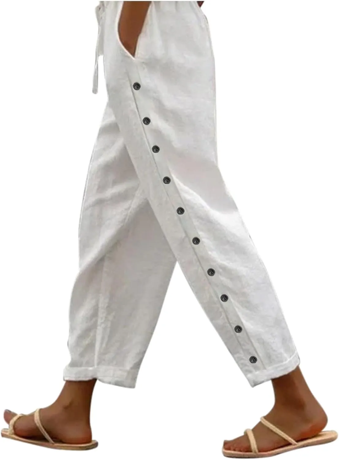 Women Linen Pants Summer High Waist Elastic Straight Leg Lounge Pant Casual Loose Lightweight Beach Cropped Trousers