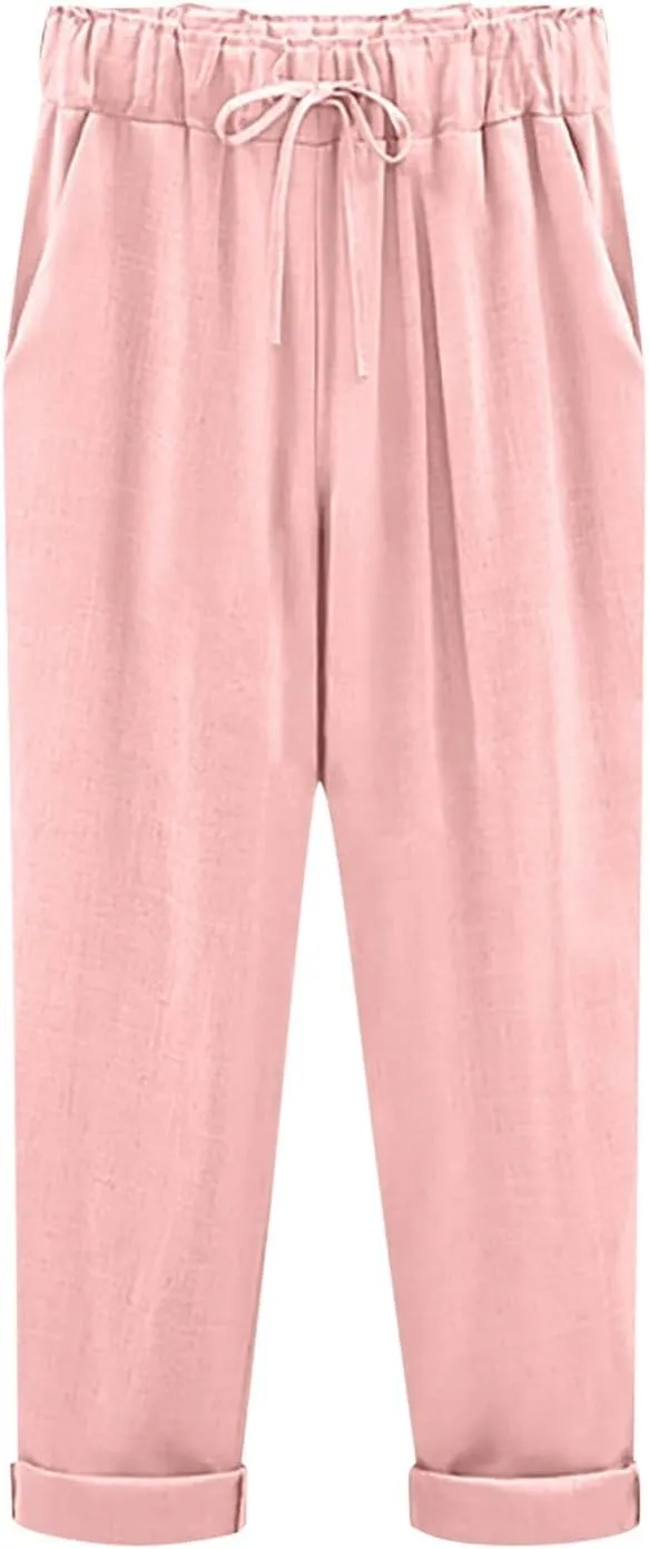 Women Linen Pants Wide Leg Casual Palazzo Pant Lounge High Waisted Beach Long Trousers Pants with Pockets Beach Wear