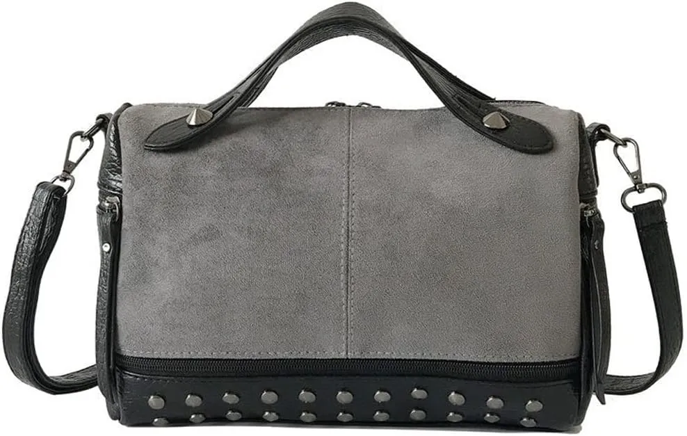 Women Messenger Bag Suede & PU Leather Handbag Rivet Shoulder Bag with Long Shoulder Strap