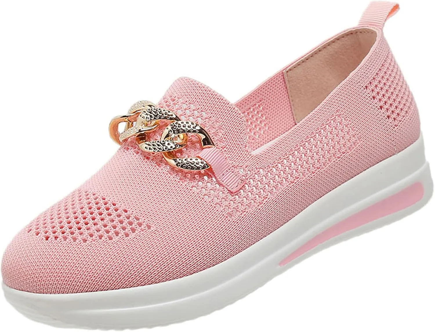Women Metal Chain Slip On Platform Tennis Sneakers Casual Mesh Breathable Low Top Flats Loafers Comfortable Lightweight Walking Shoes