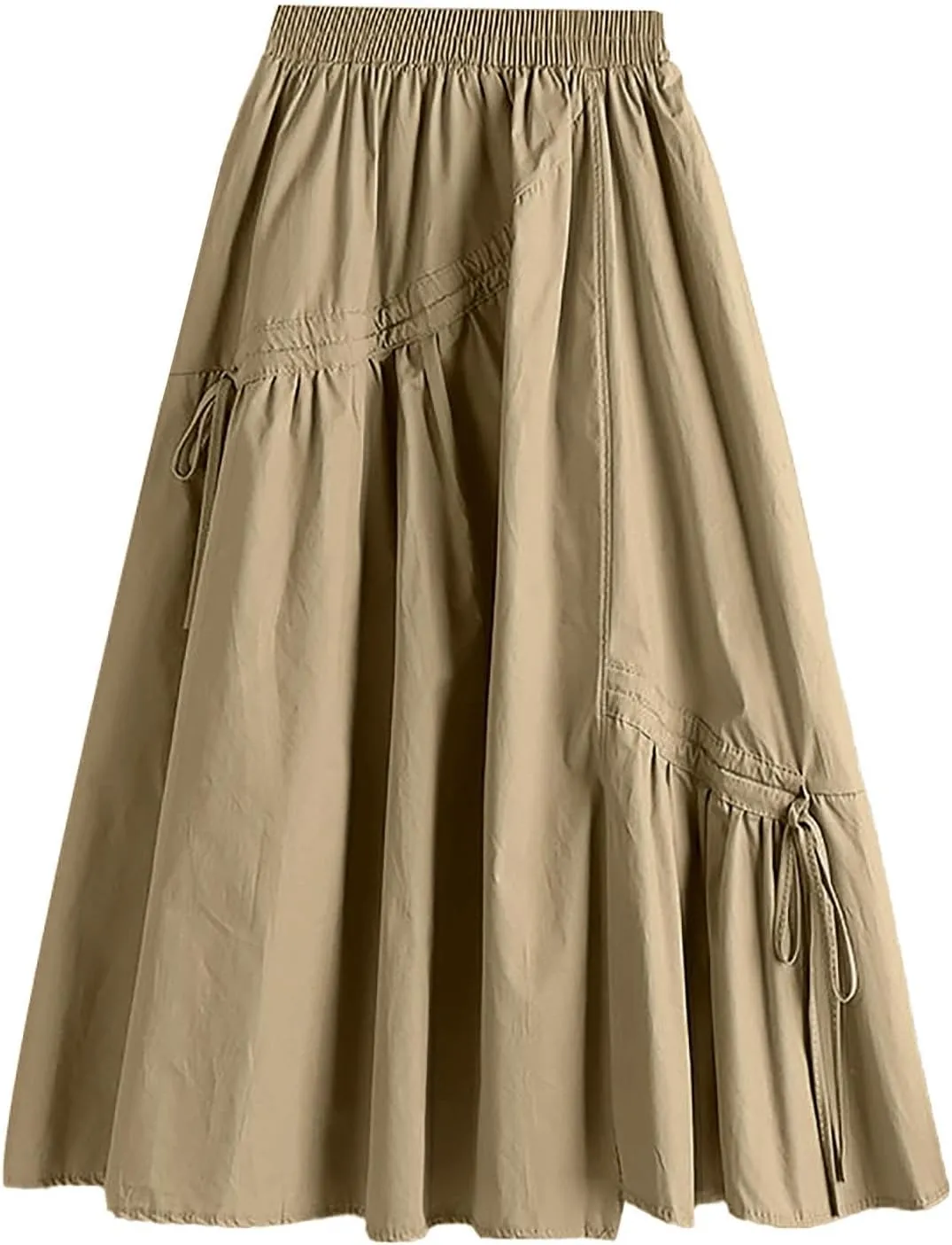 Women Midi Skirts Women's Solid Color Casual Slimming Pleated Lacing Medium Length Large Swing A Line Skirt