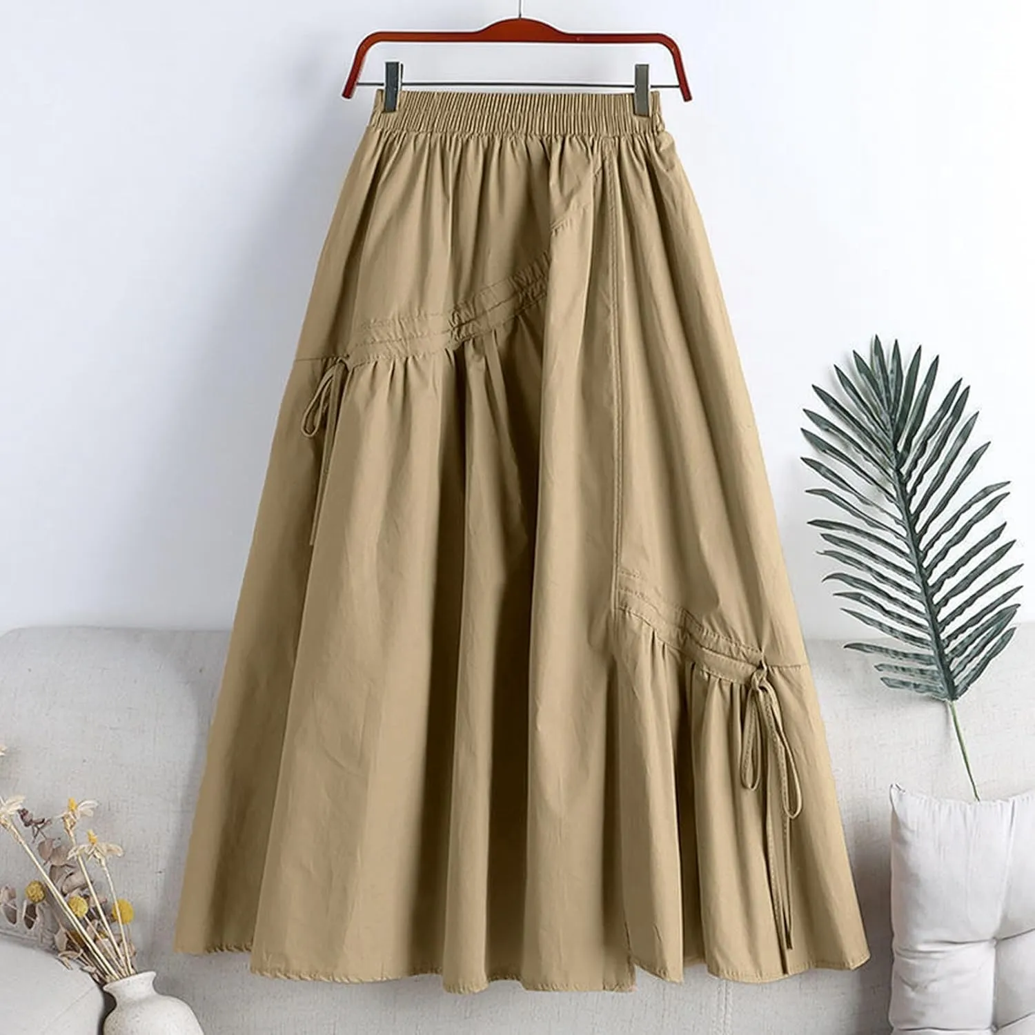 Women Midi Skirts Women's Solid Color Casual Slimming Pleated Lacing Medium Length Large Swing A Line Skirt