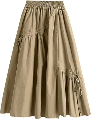 Women Midi Skirts Women's Solid Color Casual Slimming Pleated Lacing Medium Length Large Swing A Line Skirt