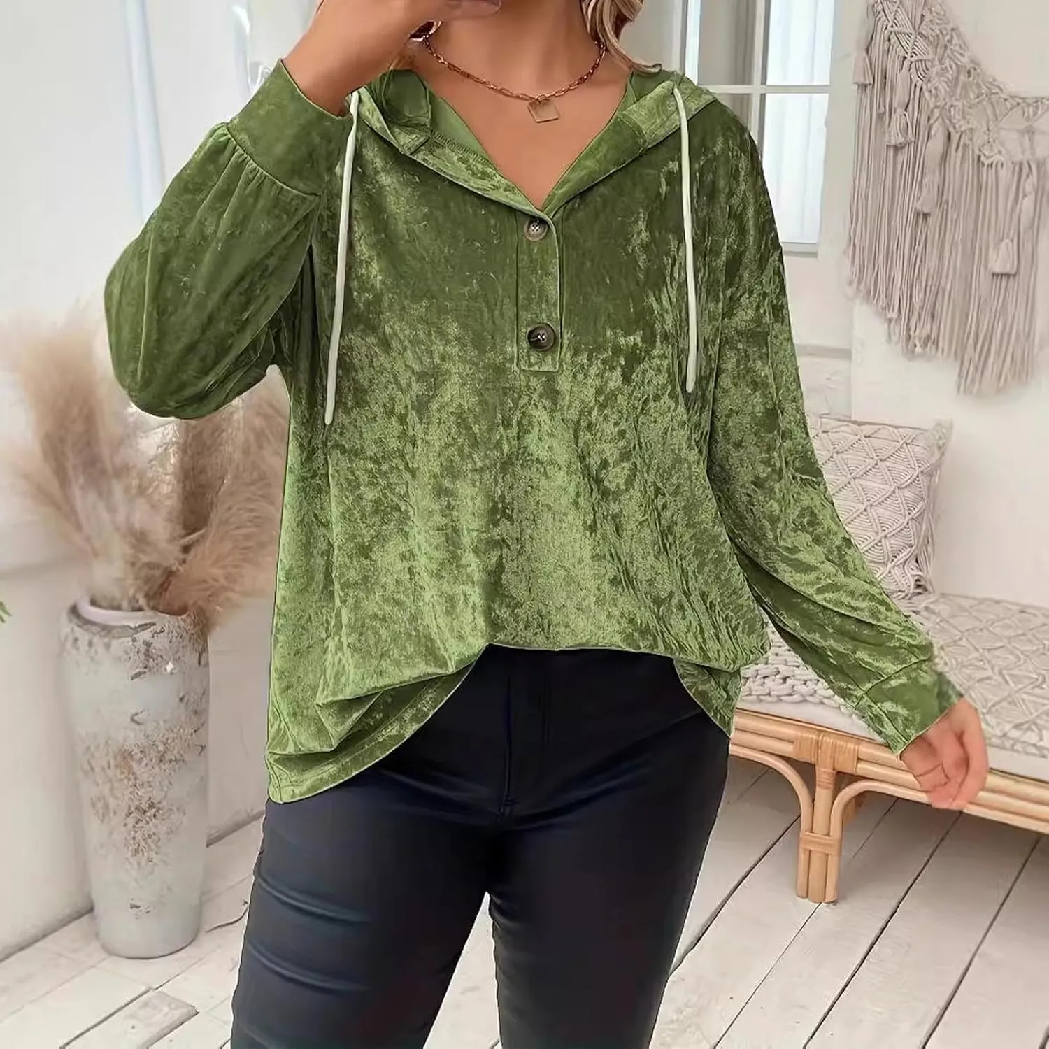 Women Oversized Velvet Hoodies Drawstring Hooded Henley Neck Sweatshirt Spring Fall Retro Casual Elegant Tunic Tops