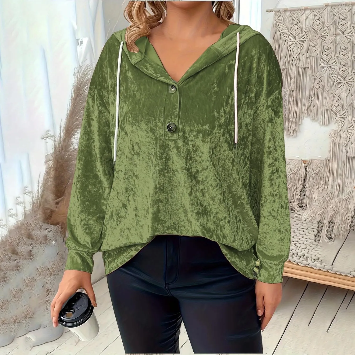 Women Oversized Velvet Hoodies Drawstring Hooded Henley Neck Sweatshirt Spring Fall Retro Casual Elegant Tunic Tops