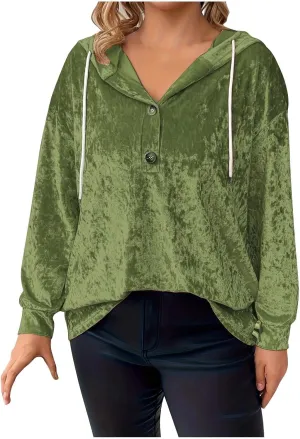 Women Oversized Velvet Hoodies Drawstring Hooded Henley Neck Sweatshirt Spring Fall Retro Casual Elegant Tunic Tops