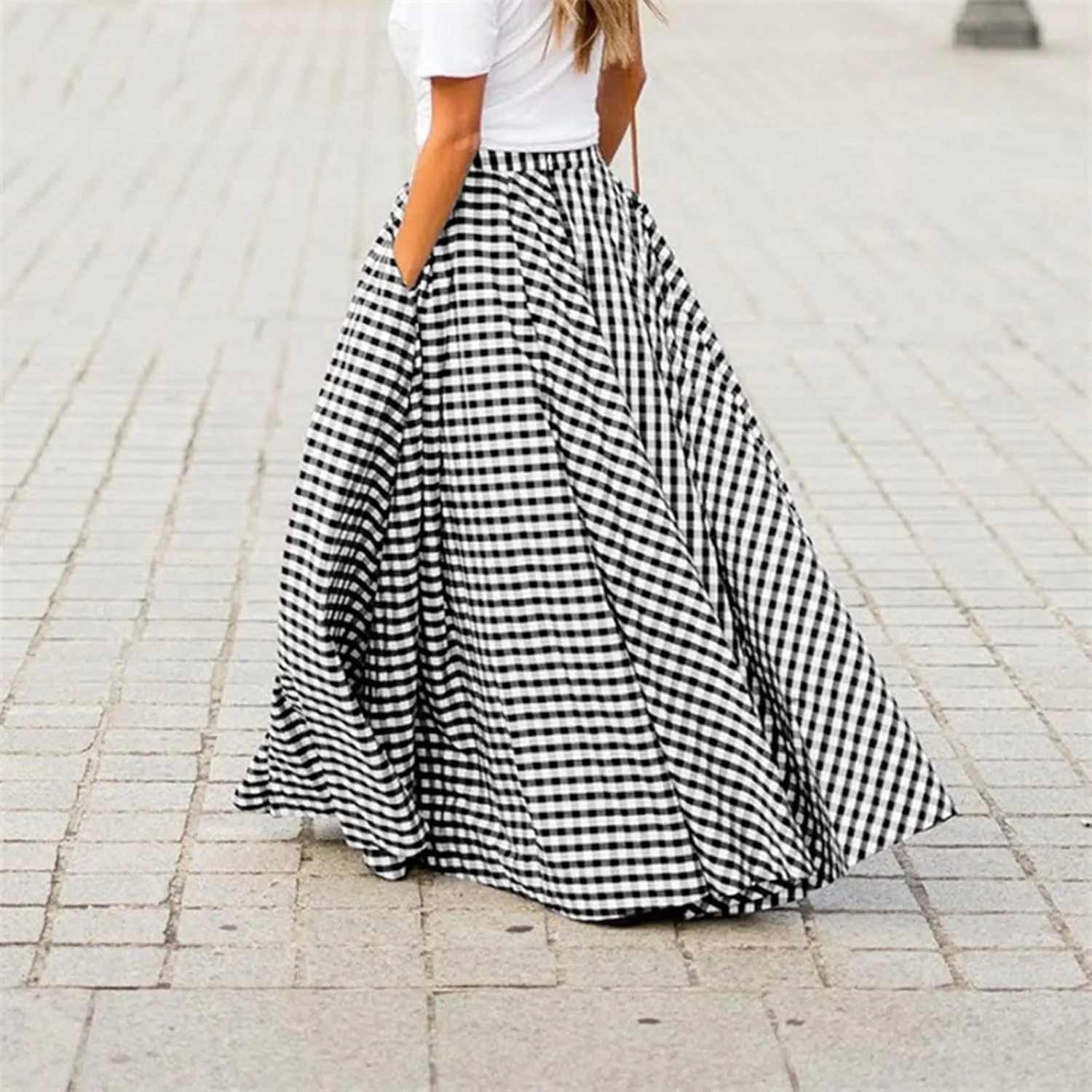 Women Plaid Maxi Skirts Plus Size Midi Skirts Flowy Beach Skirt Gingham Skirt Long Summer Skirts A Line Skirts Pocket