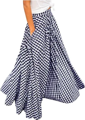Women Plaid Maxi Skirts Plus Size Midi Skirts Flowy Beach Skirt Gingham Skirt Long Summer Skirts A Line Skirts Pocket