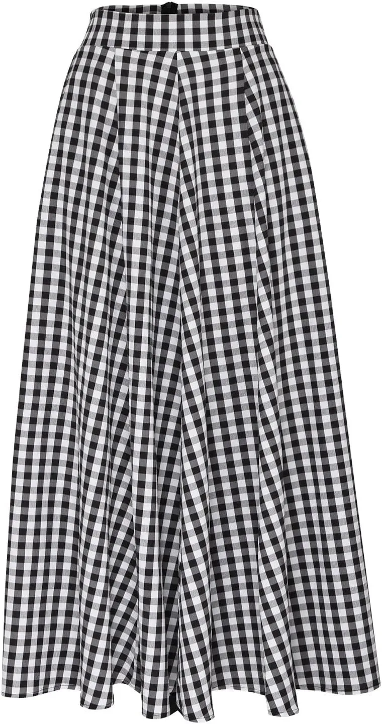 Women Plaid Maxi Skirts Plus Size Midi Skirts Flowy Beach Skirt Gingham Skirt Long Summer Skirts A Line Skirts Pocket