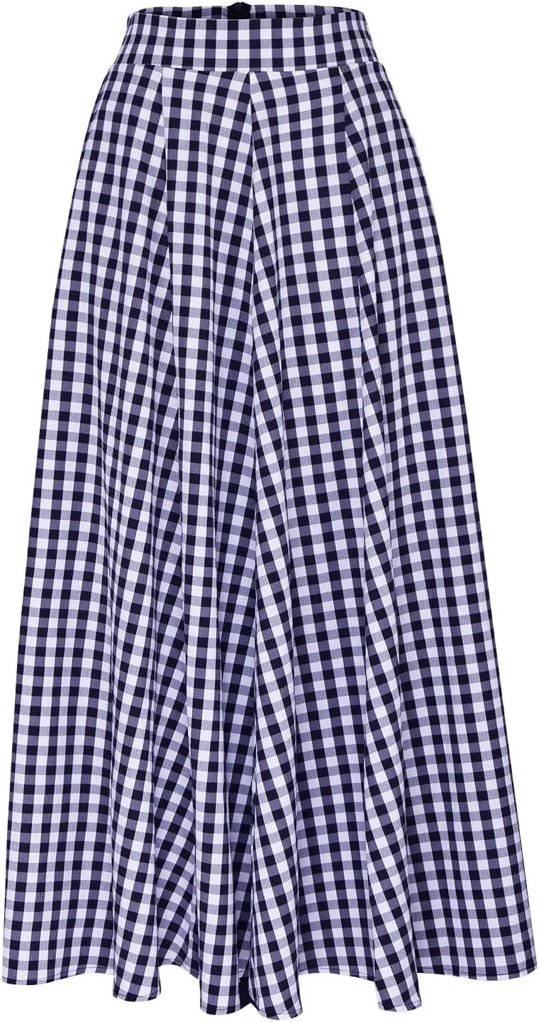 Women Plaid Maxi Skirts Plus Size Midi Skirts Flowy Beach Skirt Gingham Skirt Long Summer Skirts A Line Skirts Pocket