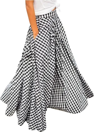 Women Plaid Maxi Skirts Plus Size Midi Skirts Flowy Beach Skirt Gingham Skirt Long Summer Skirts A Line Skirts Pocket