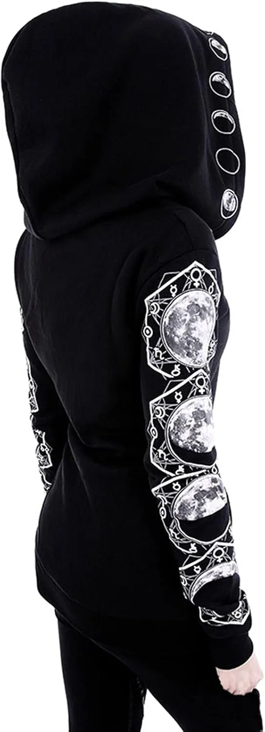 Women Punk Gothic Sweatshirt Witchcraft Moon Long Hoodie Oversized Long Sleeve Zip Up Hoodie