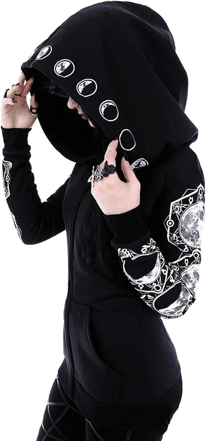Women Punk Gothic Sweatshirt Witchcraft Moon Long Hoodie Oversized Long Sleeve Zip Up Hoodie