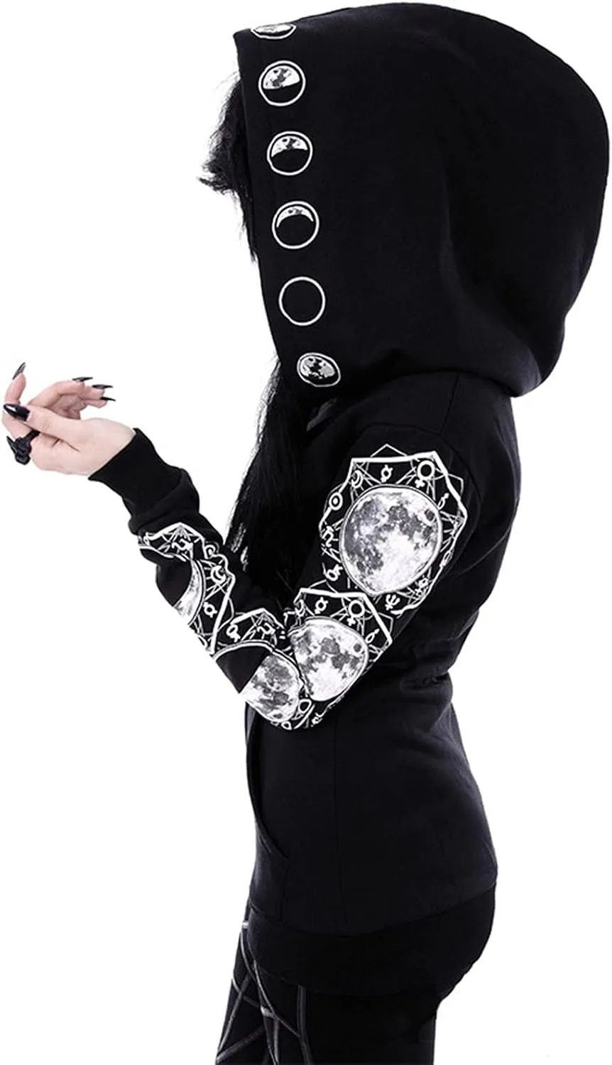 Women Punk Gothic Sweatshirt Witchcraft Moon Long Hoodie Oversized Long Sleeve Zip Up Hoodie