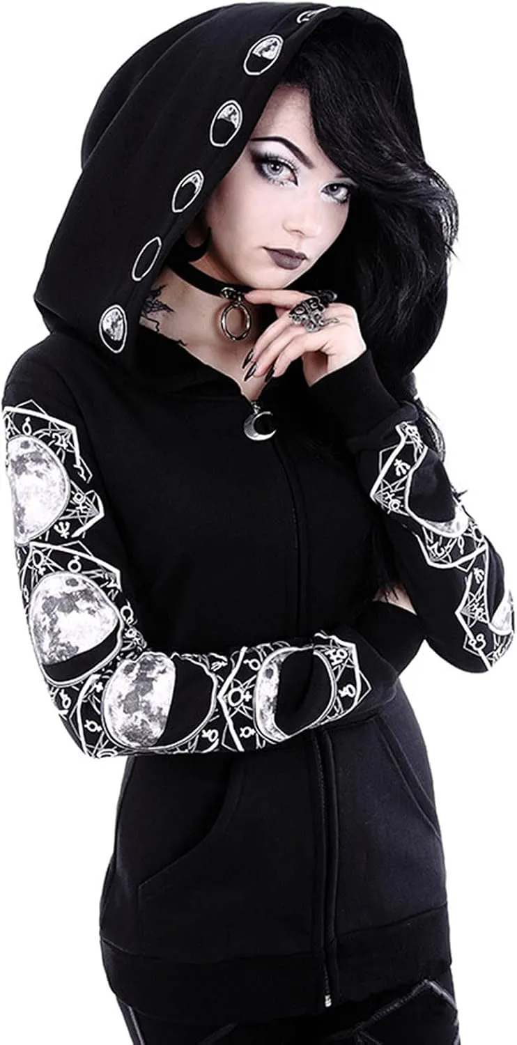 Women Punk Gothic Sweatshirt Witchcraft Moon Long Hoodie Oversized Long Sleeve Zip Up Hoodie