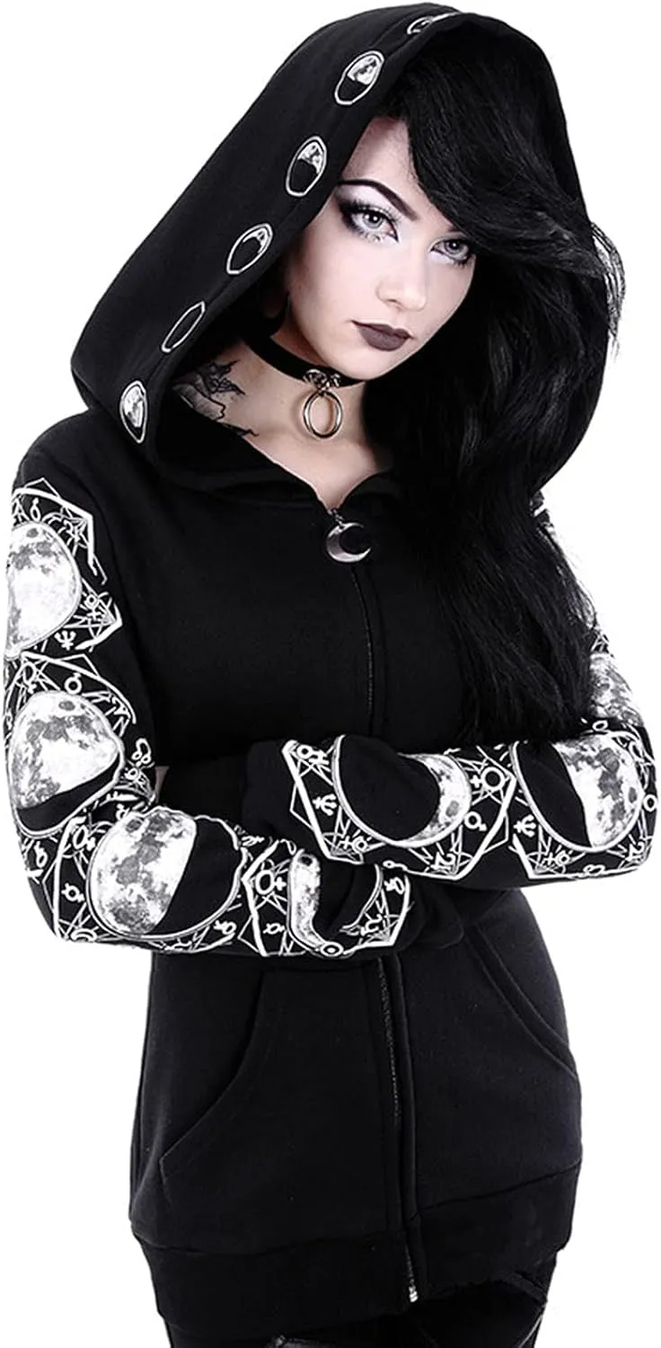 Women Punk Gothic Sweatshirt Witchcraft Moon Long Hoodie Oversized Long Sleeve Zip Up Hoodie