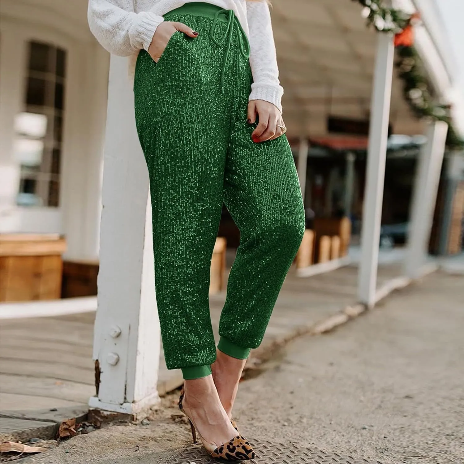 Women Sparkly Flared Leg Pants Cloth High Sequin Women Foot Sexy Pants Fashion Waisted Tape Trousers Night Out