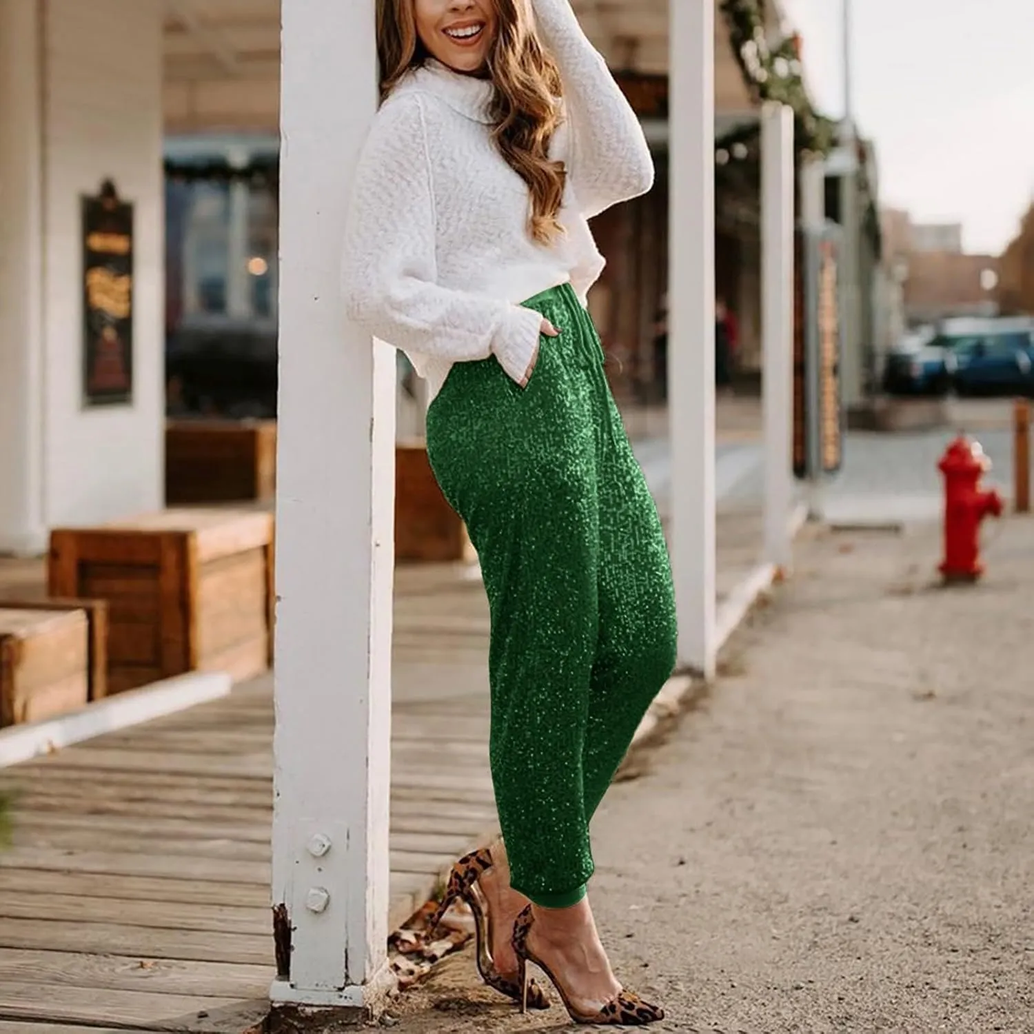Women Sparkly Flared Leg Pants Cloth High Sequin Women Foot Sexy Pants Fashion Waisted Tape Trousers Night Out