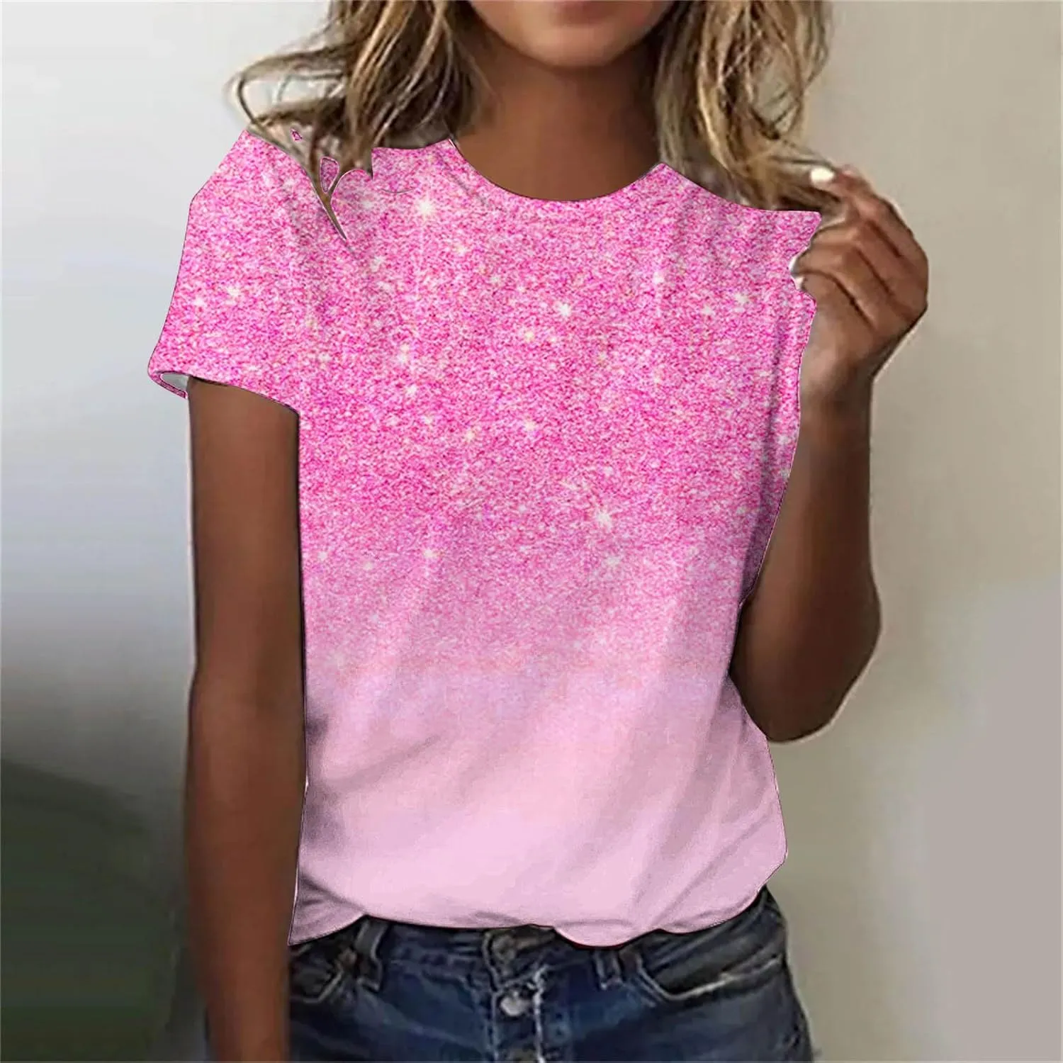 Women Sparkly Graphic Print Tops Tie Dye Tee Shirt Loose Short Sleeve Crewneck Tshirt Basic Casual Color Block Blouse