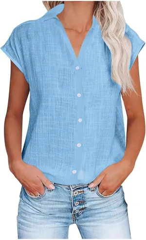 Women Summer Cotton Linen Tops Short Sleeve Button Down Shirts Trendy Dressy Blouse Tops Casual Chambray Clothes 2024